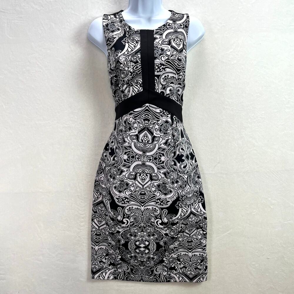 Nicole Miller White & Black Dress Paisley Empire Waist Stretch Sheath Medium
